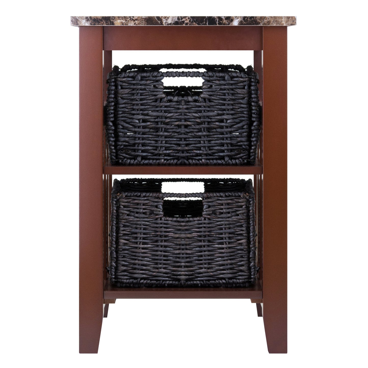 Zoey Accent Table with 2 Foldable Corn Husk Baskets, Faux Marble Top, Chocolate and Walnut