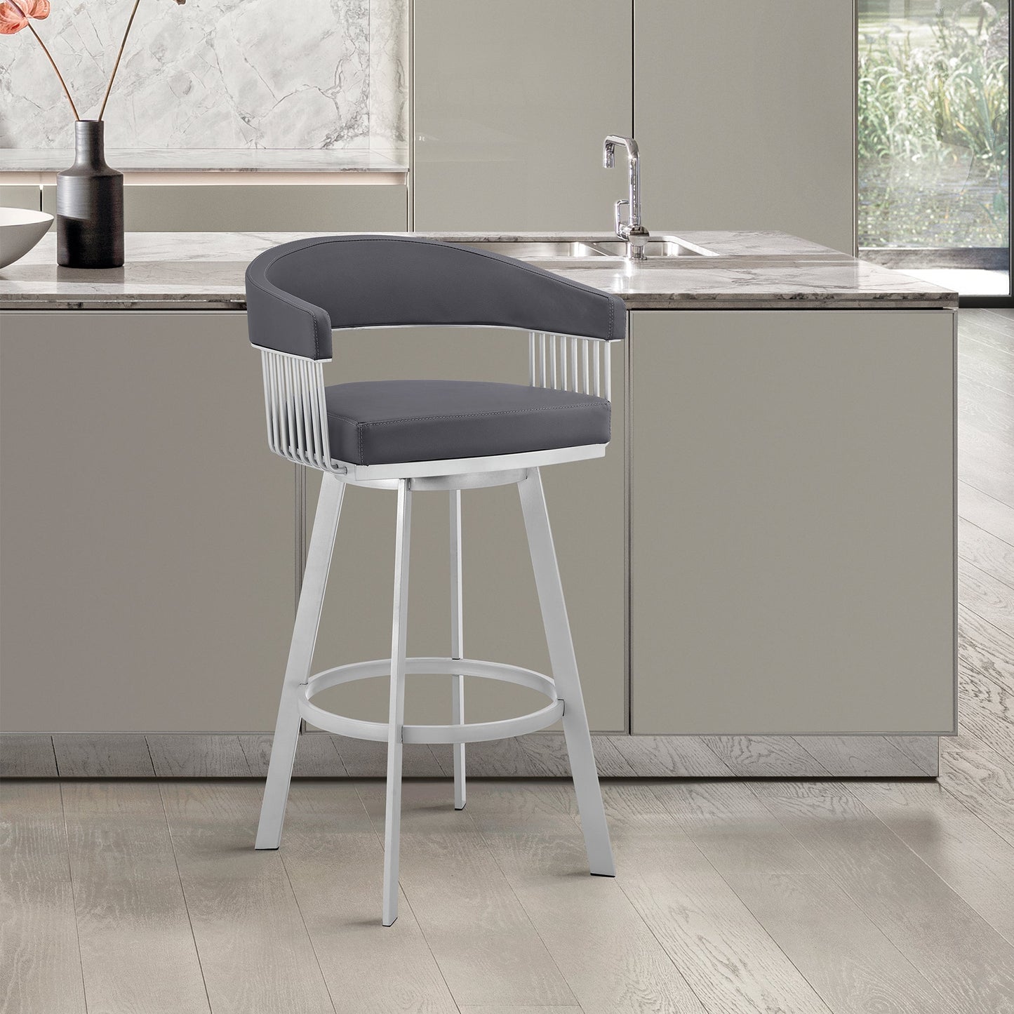 Bronson 25" Slate Gray Faux Leather and Silver Metal Bar Stool