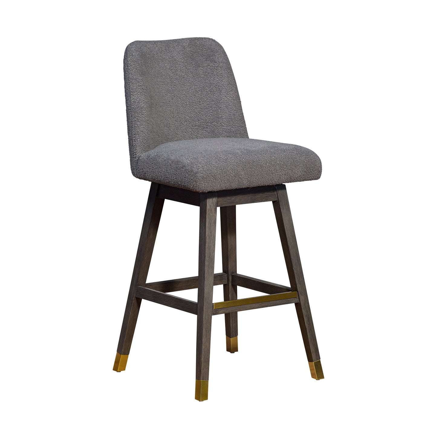 Amalie Swivel Bar Stool in Gray Oak Wood Finish with Gray Boucle Fabric