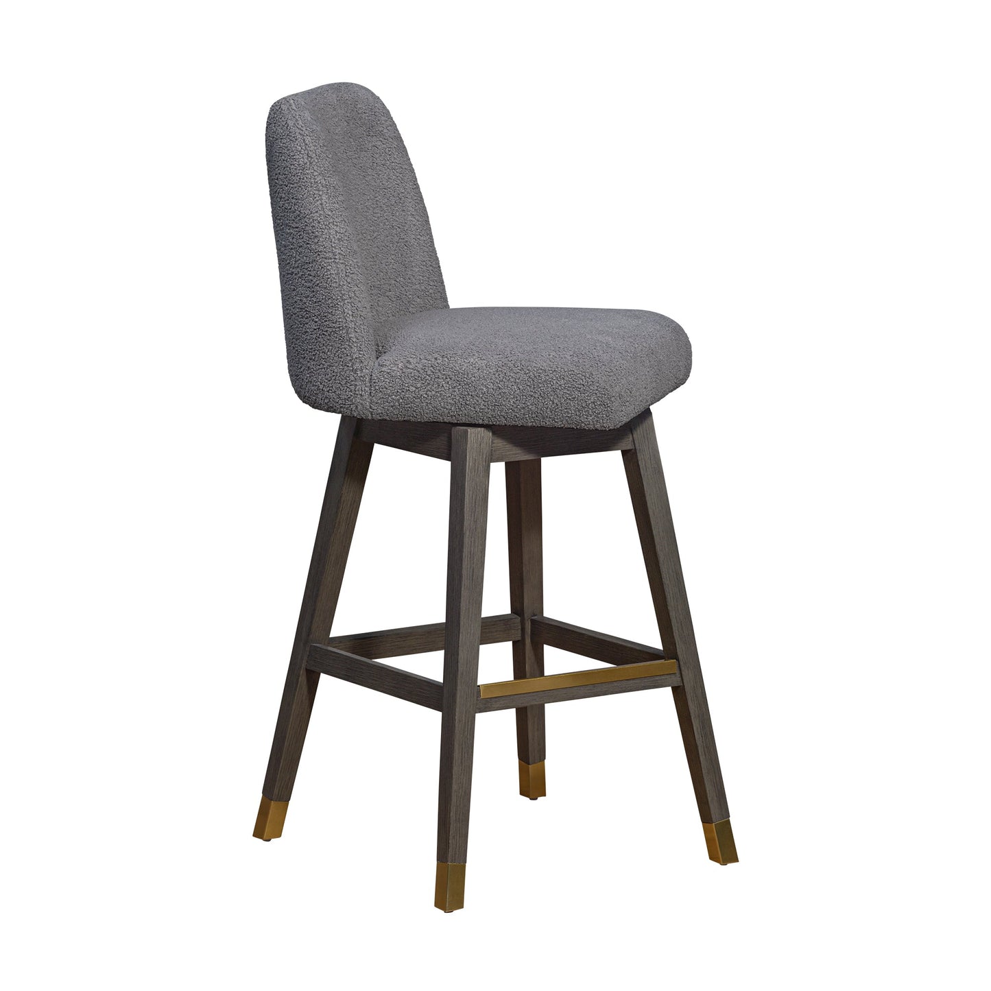 Amalie Swivel Bar Stool in Gray Oak Wood Finish with Gray Boucle Fabric