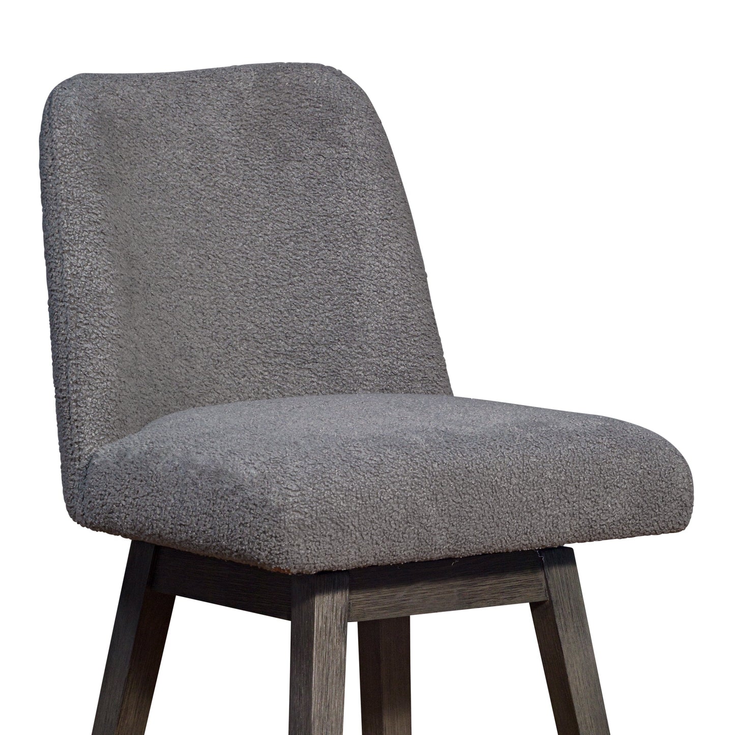 Amalie Swivel Bar Stool in Gray Oak Wood Finish with Gray Boucle Fabric