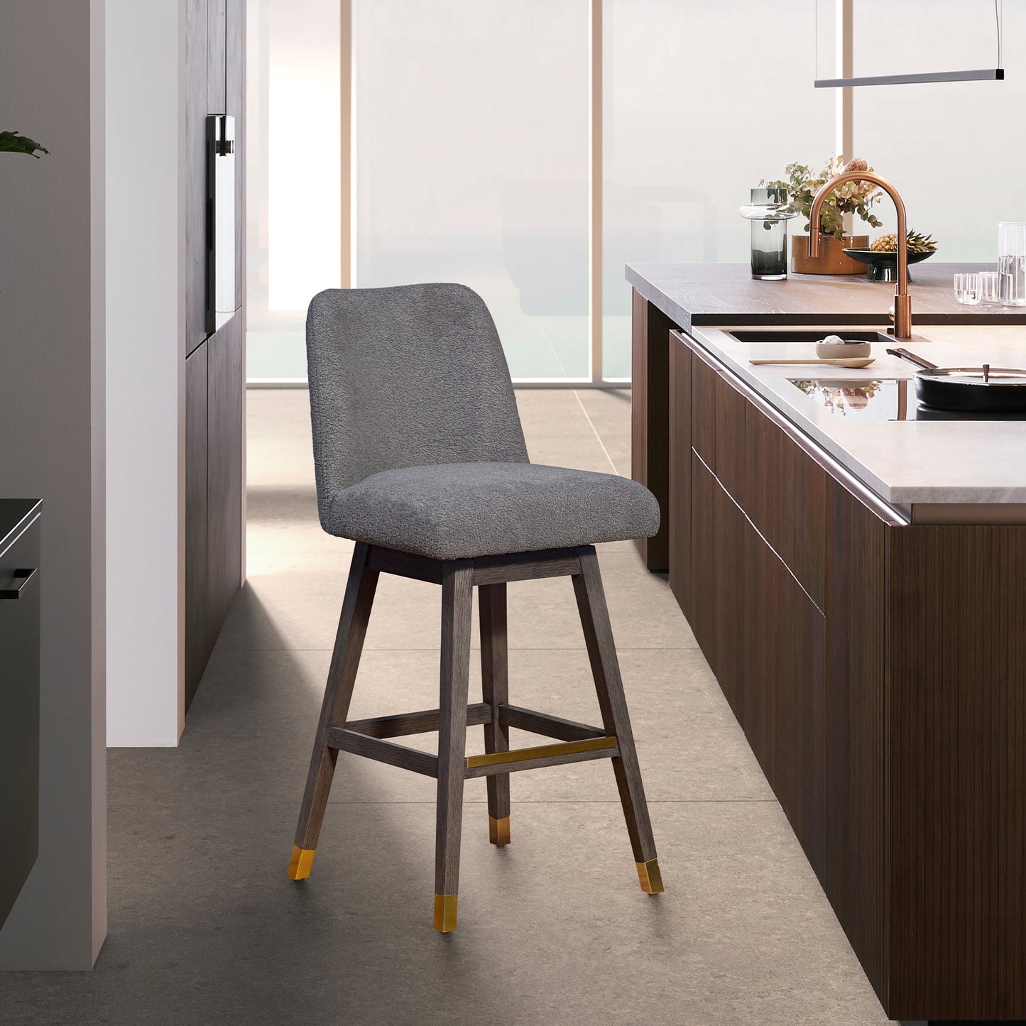 Amalie Swivel Bar Stool in Gray Oak Wood Finish with Gray Boucle Fabric