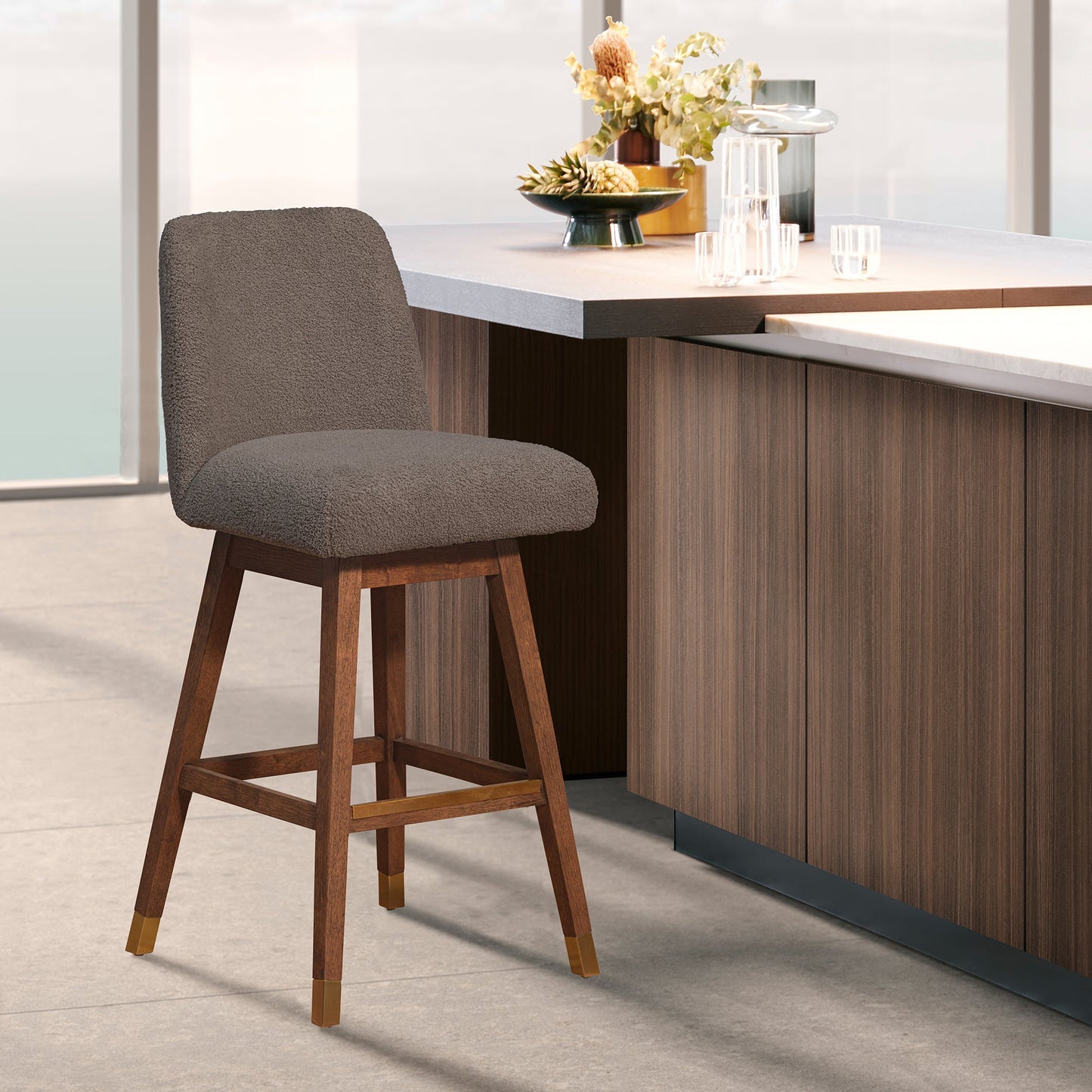 Amalie Swivel Counter Stool in Brown Oak Wood Finish with Taupe Boucle Fabric