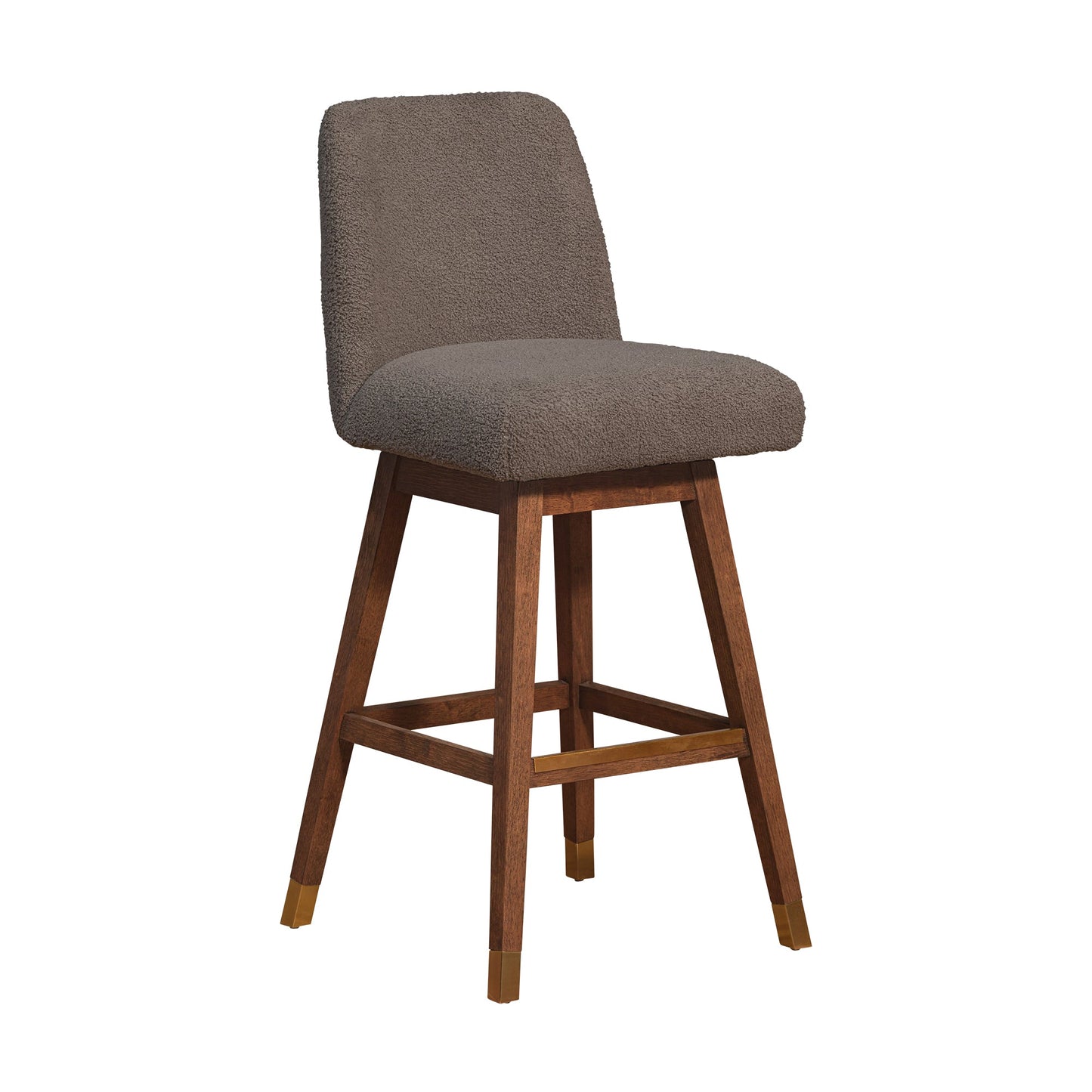 Amalie Swivel Bar Stool in Brown Oak Wood Finish with Taupe Boucle Fabric