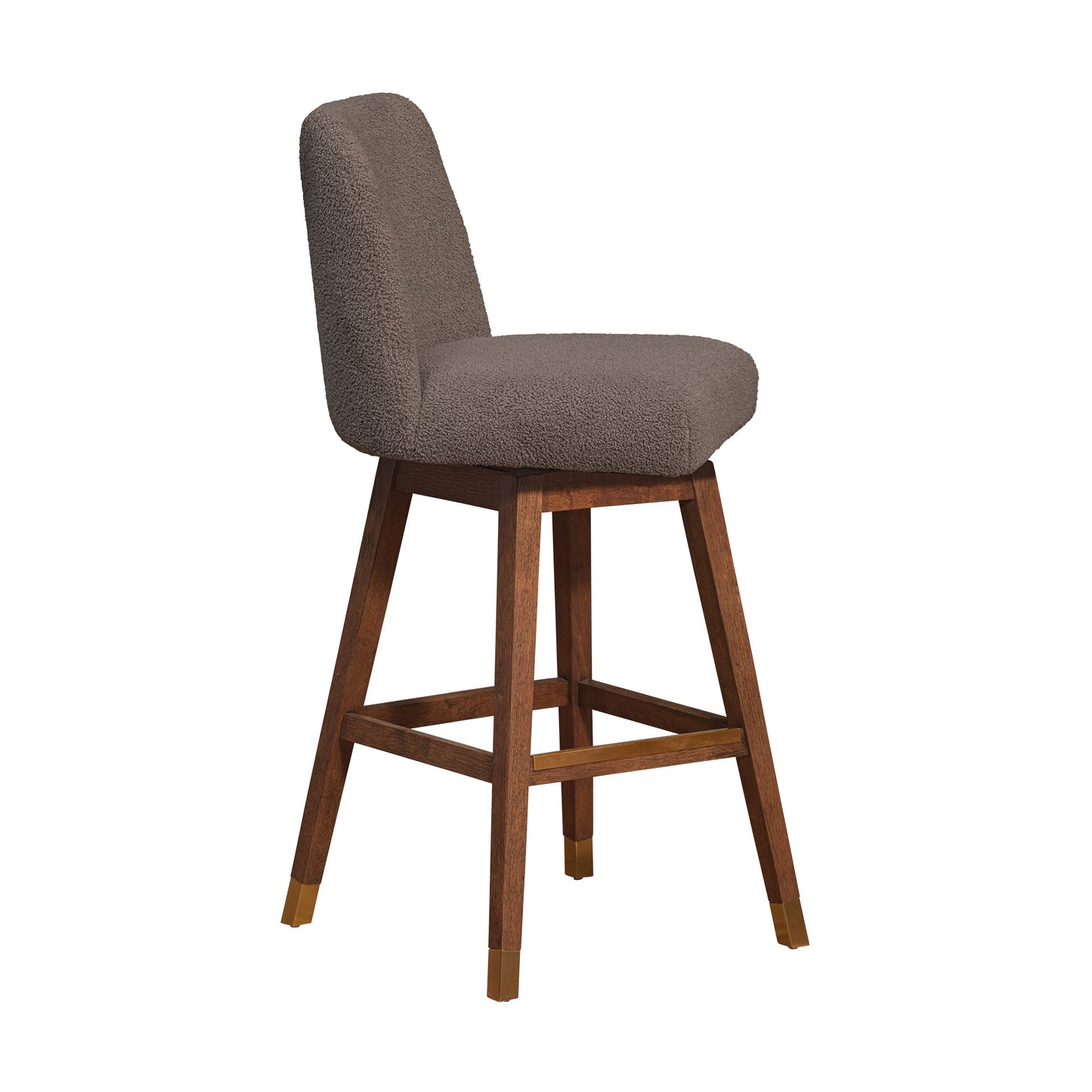 Amalie Swivel Bar Stool in Brown Oak Wood Finish with Taupe Boucle Fabric