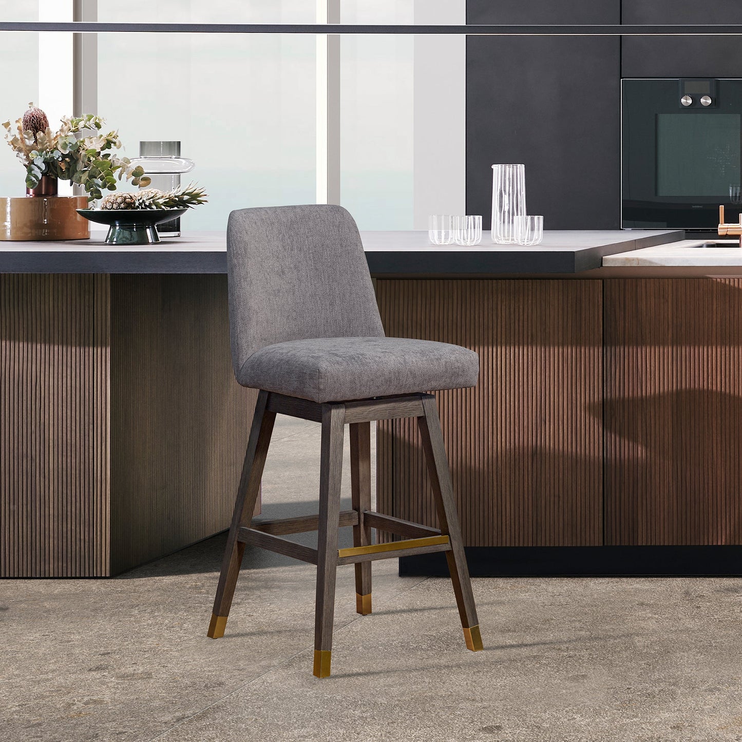 Amalie Swivel Bar Stool in Gray Oak Wood Finish with Mocha Fabric