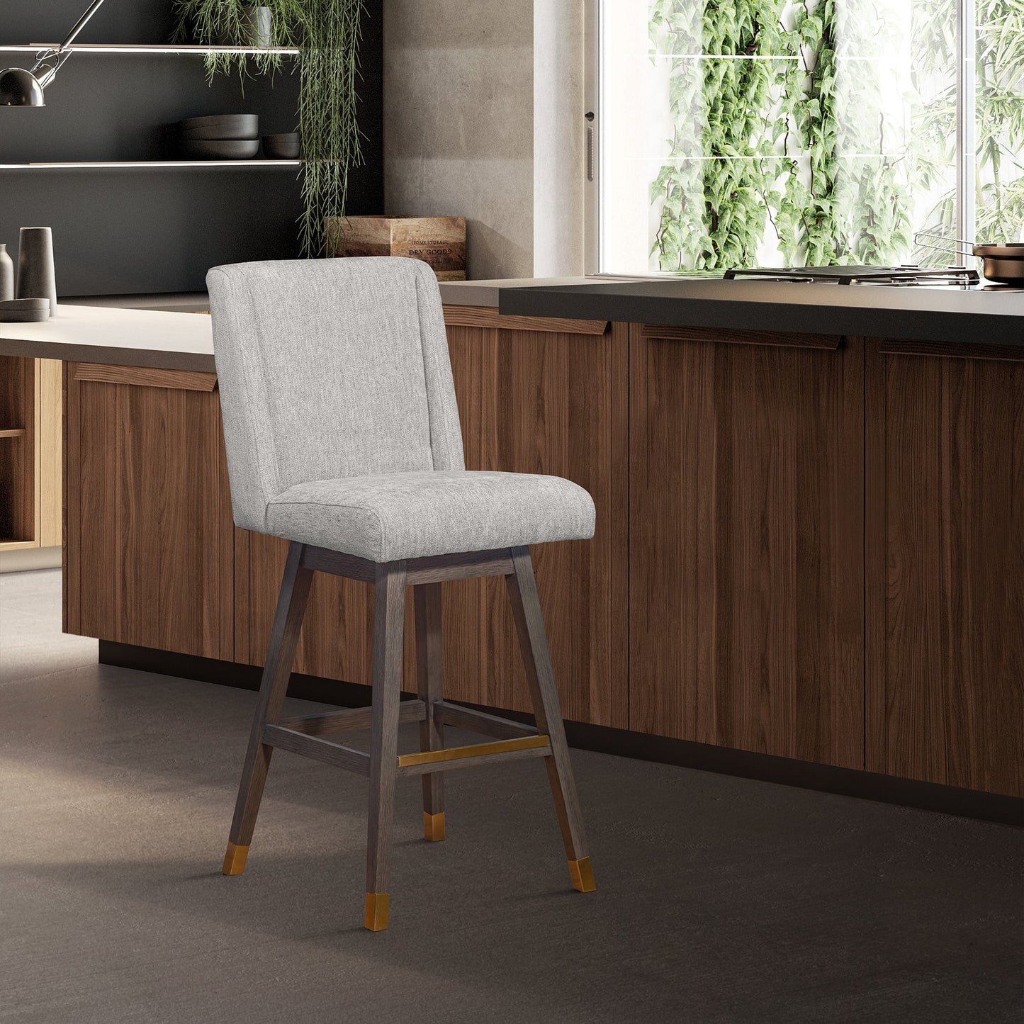 Stancoste Swivel Bar Stool in Gray Oak Wood Finish with Mocha Fabric