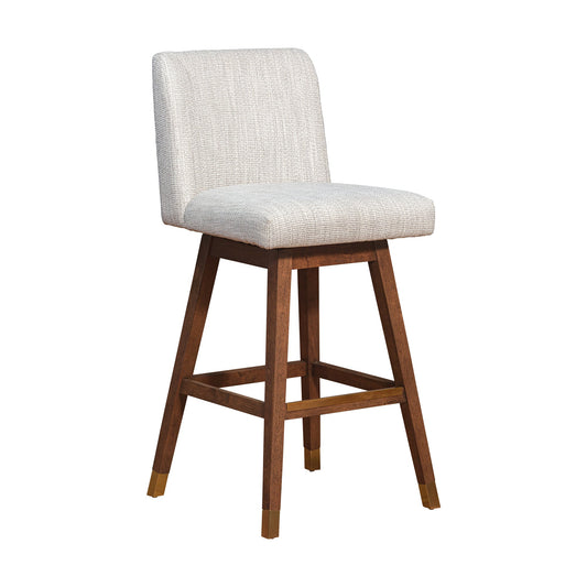 Basila Swivel Bar Stool in Brown Oak Wood Finish with Beige Fabric