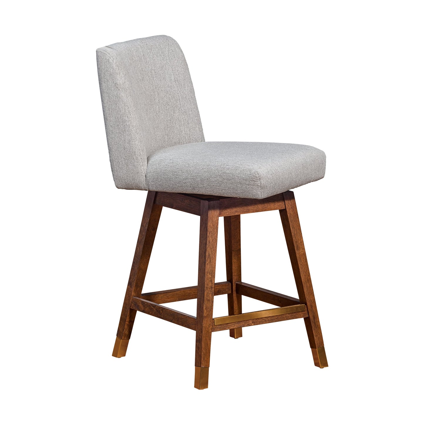 Basila Swivel Counter Stool in Brown Oak Wood Finish with Taupe Fabric