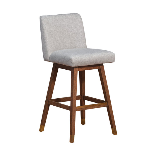 Basila Swivel Bar Stool in Brown Oak Wood Finish with Taupe Fabric