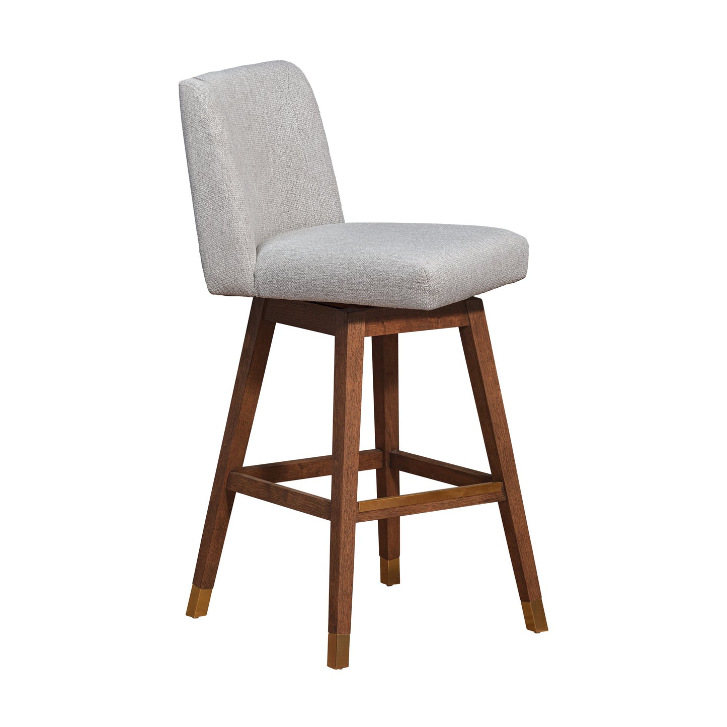 Basila Swivel Bar Stool in Brown Oak Wood Finish with Taupe Fabric