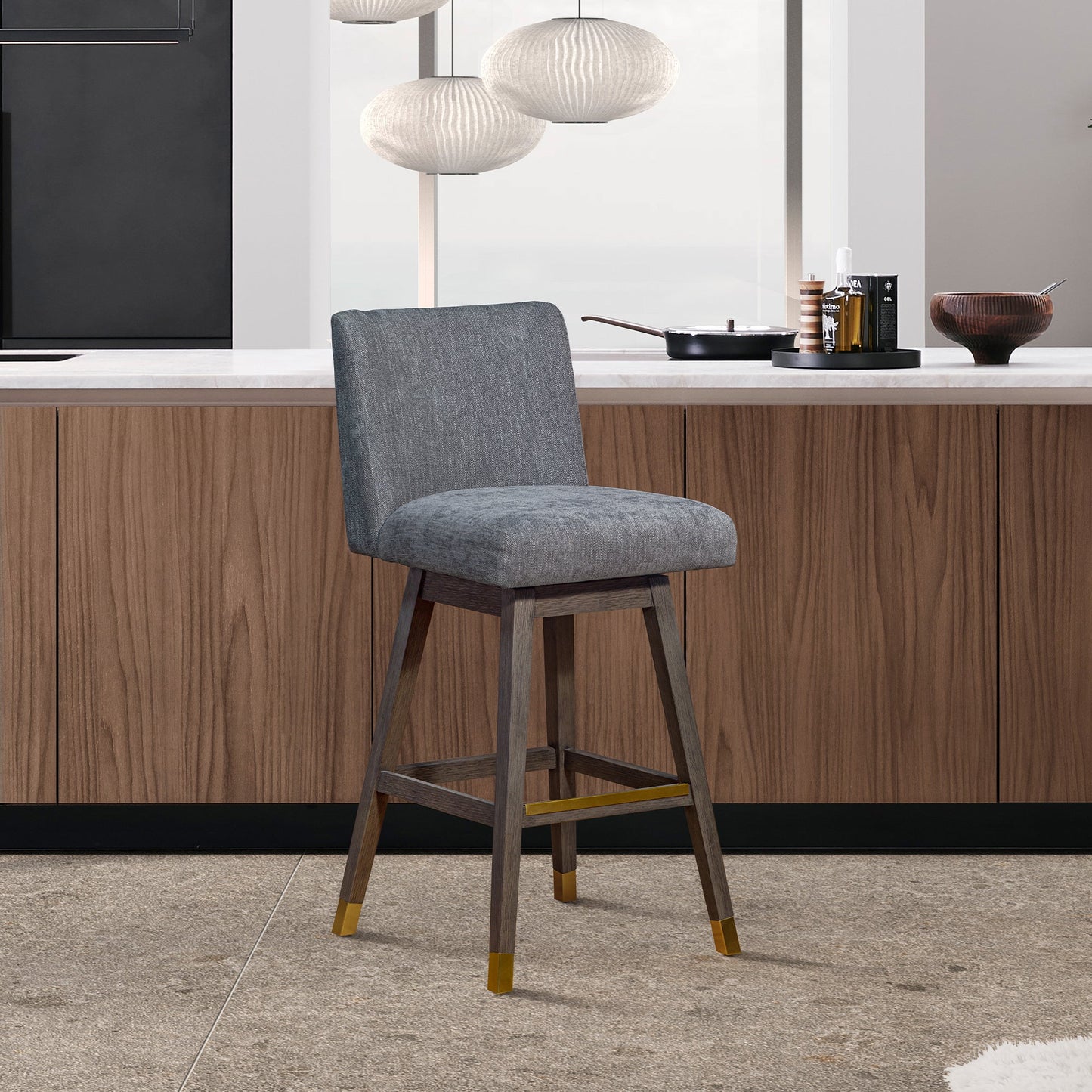 Basila Swivel Bar Stool in Gray Oak Wood Finish with Gray Fabric