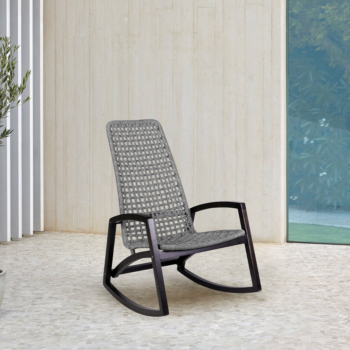 Sequoia Outdoor Patio Rocking Chair in Dark Eucalyptus Wood and Gray Rope