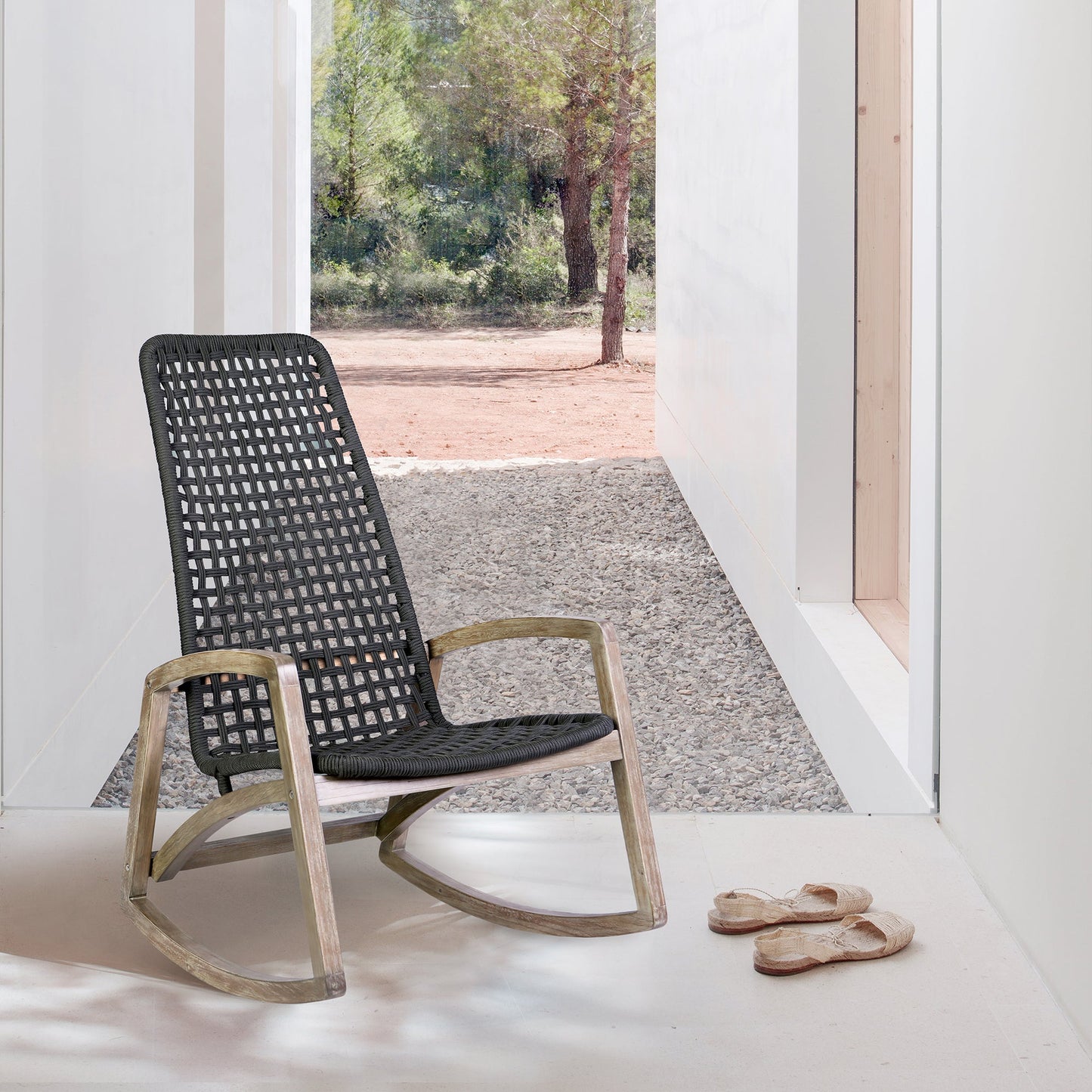 Sequoia Outdoor Patio Rocking Chair in Light Eucalyptus Wood and Charcoal Rope