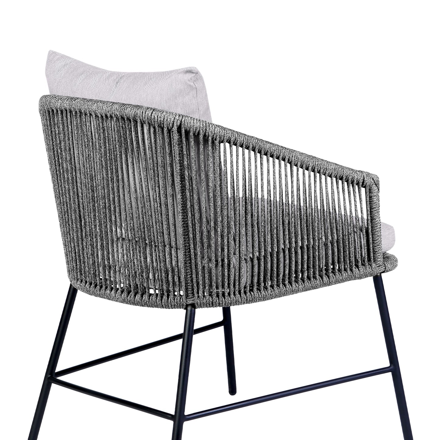 Calica Outdoor Patio Dining Chair in Black Metal and Gray Rope