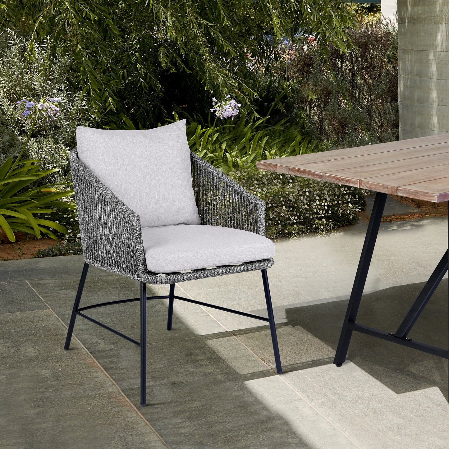 Calica Outdoor Patio Dining Chair in Black Metal and Gray Rope