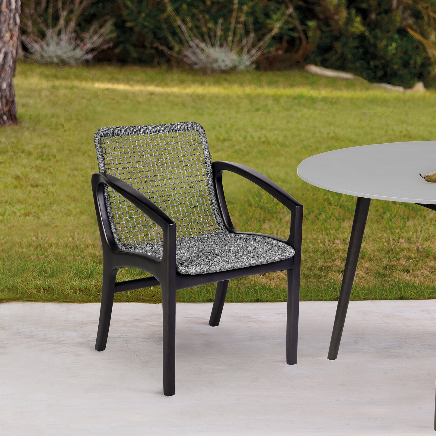 Brighton Outdoor Patio Dining Chair in Dark Eucalyptus Wood and Gray Rope