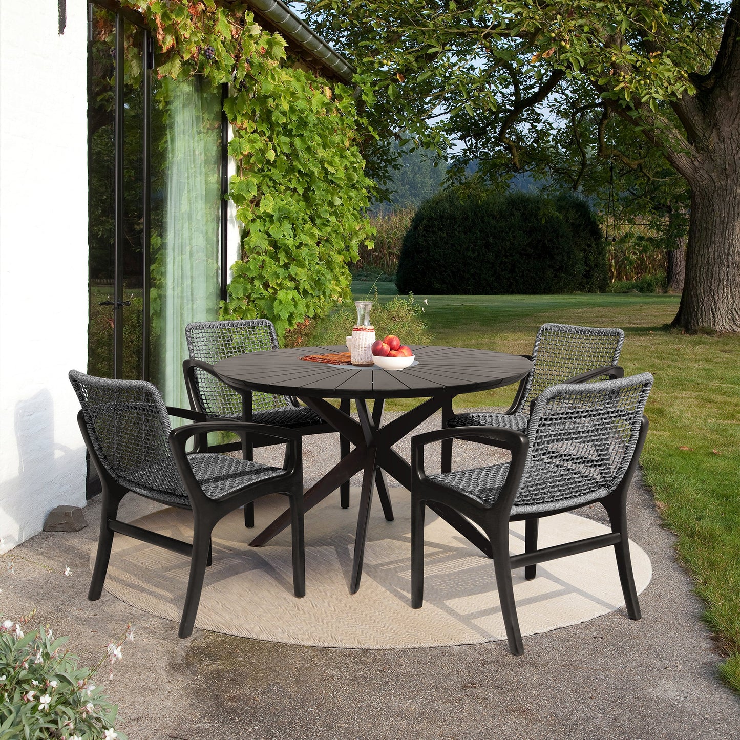 Brighton Outdoor Patio Dining Chair in Dark Eucalyptus Wood and Gray Rope