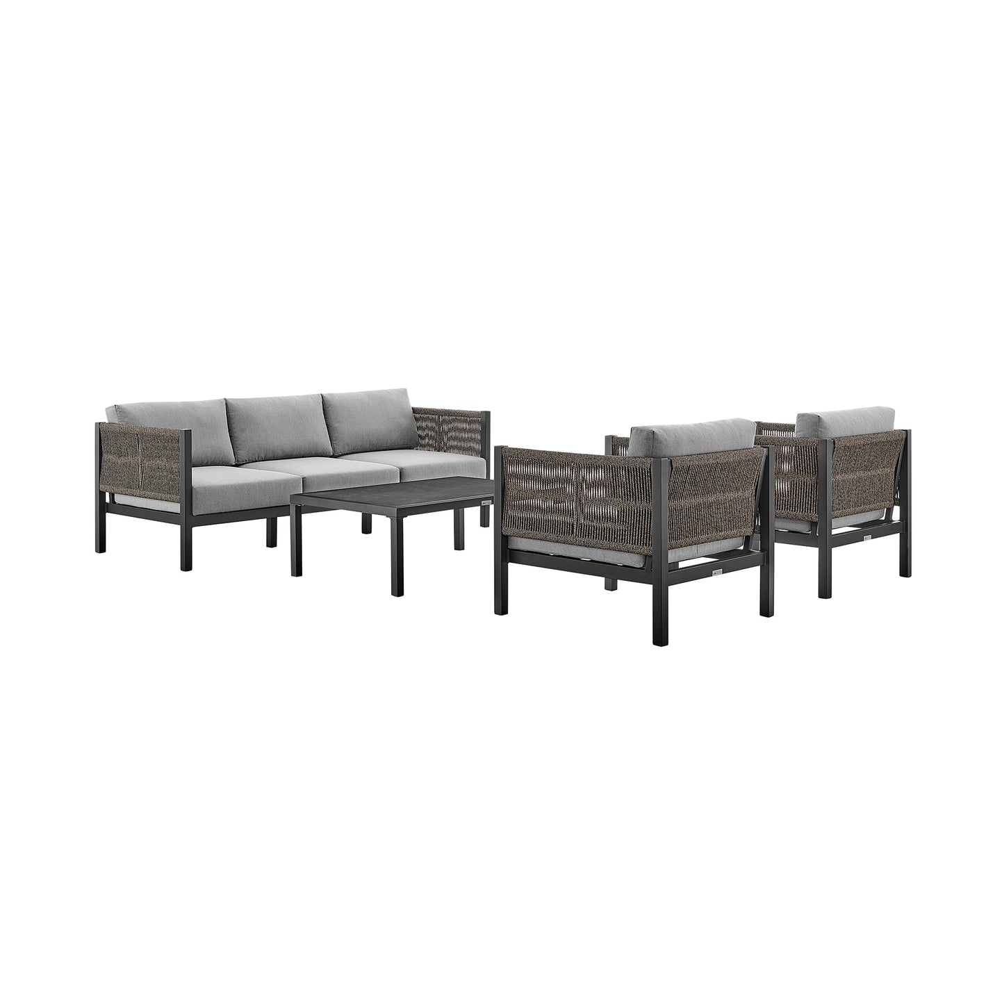 Cuffay 4 Piece Outdoor Patio Furniture Set in Black Aluminum and Rope with Gray Cushions