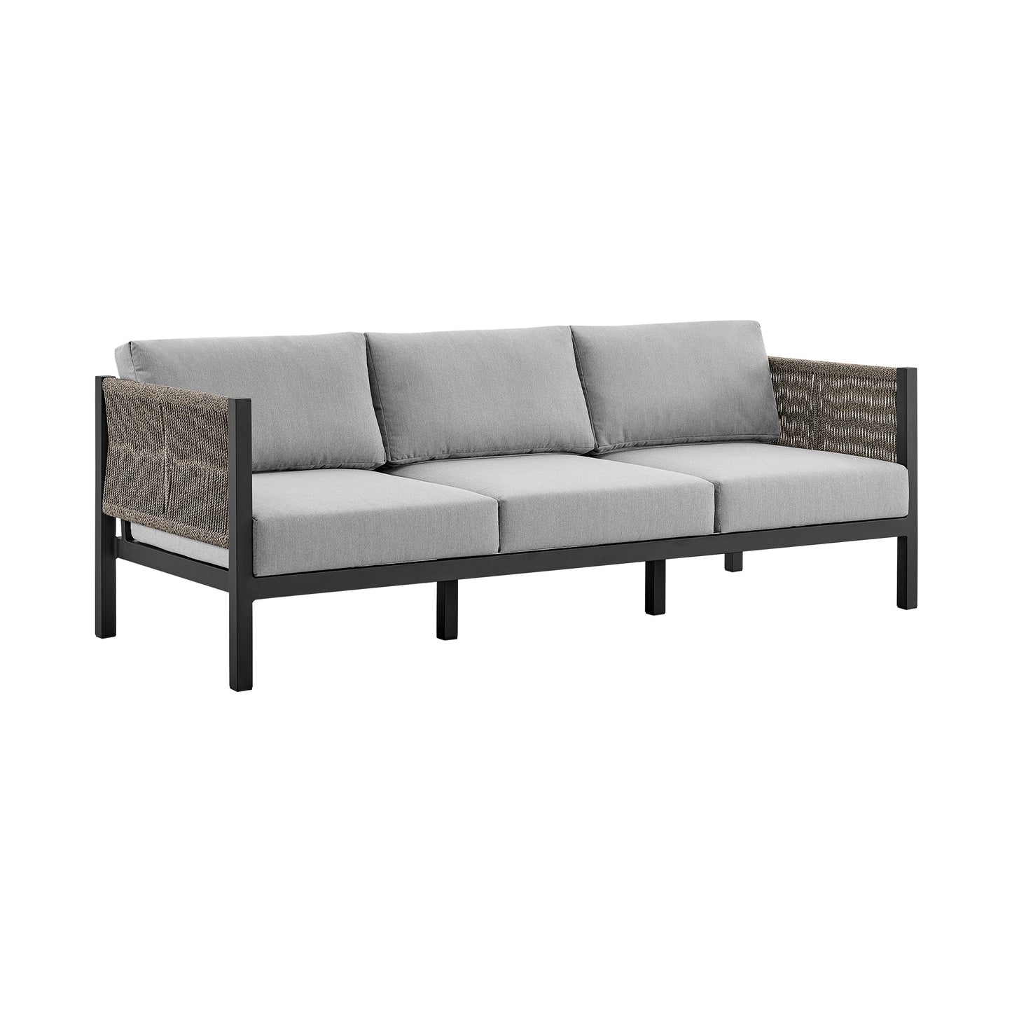 Cuffay 4 Piece Outdoor Patio Furniture Set in Black Aluminum and Rope with Gray Cushions