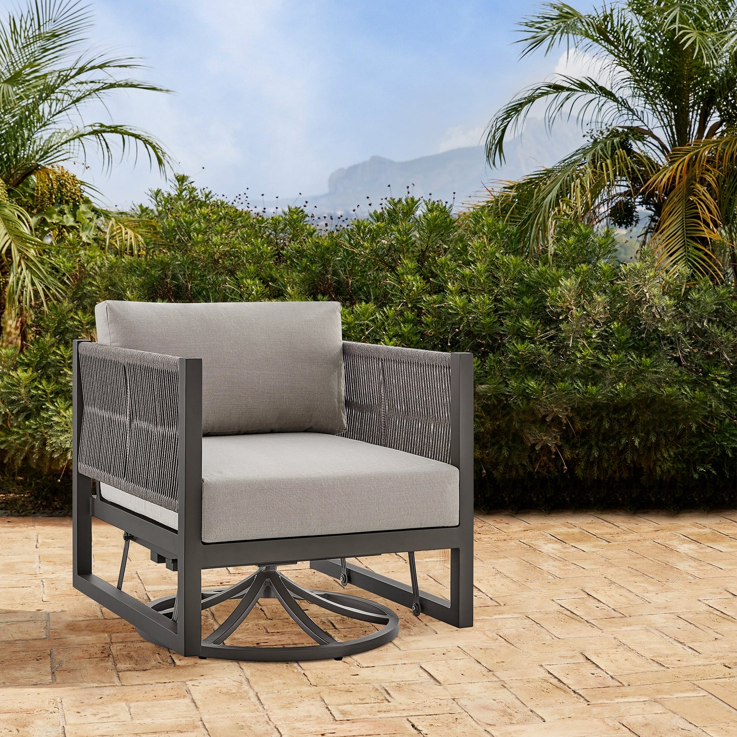 Cuffay Outdoor Patio Swivel Glider Lounge Chair in Dark Brown Aluminum with Cushions