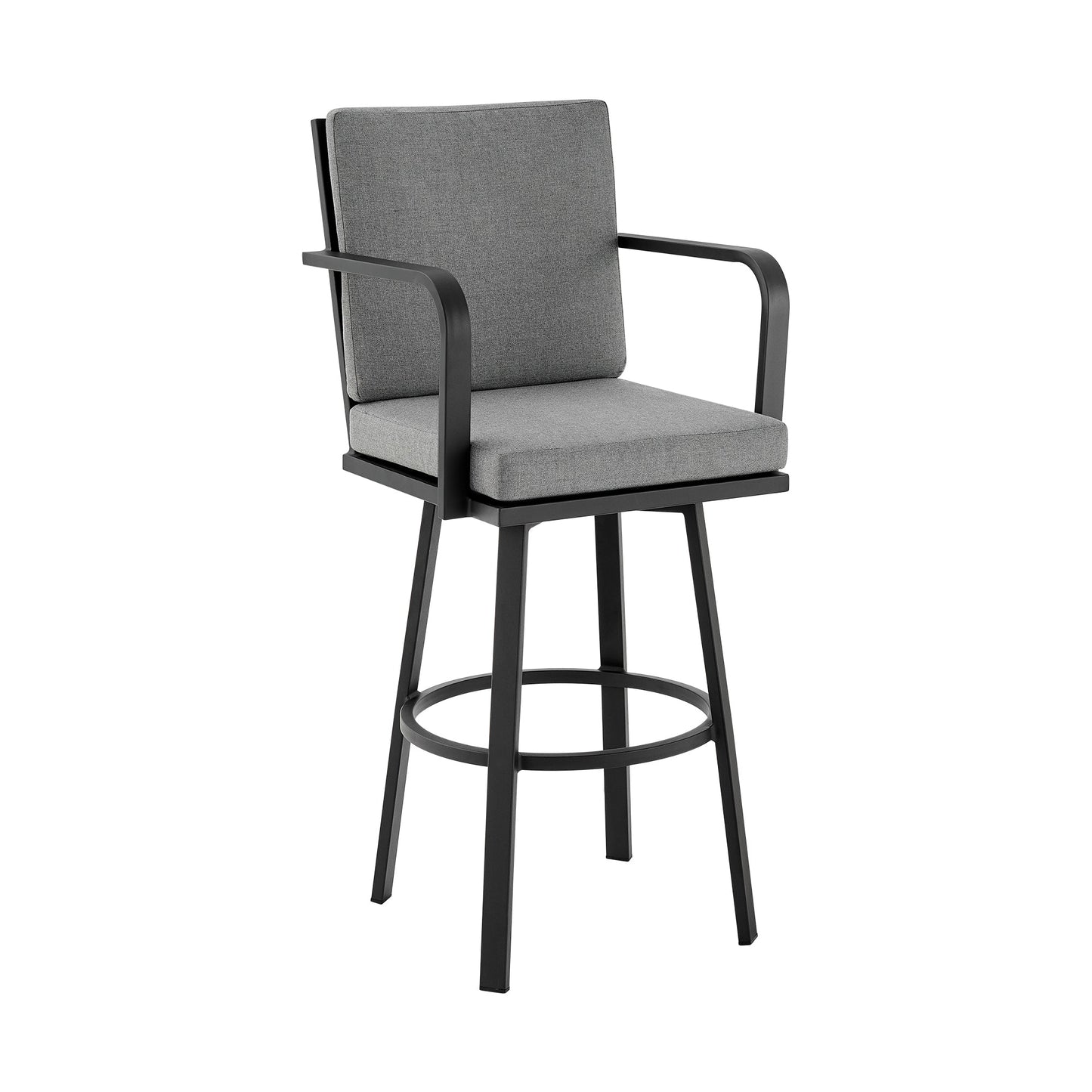 Don 30" Outdoor Patio Swivel Bar Stool in Black Aluminum with Gray Cushions