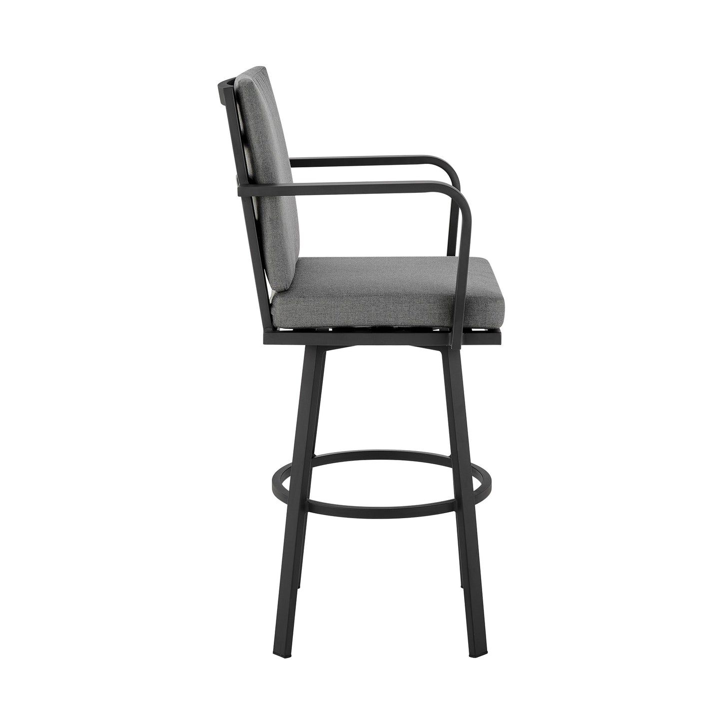 Don 30" Outdoor Patio Swivel Bar Stool in Black Aluminum with Gray Cushions