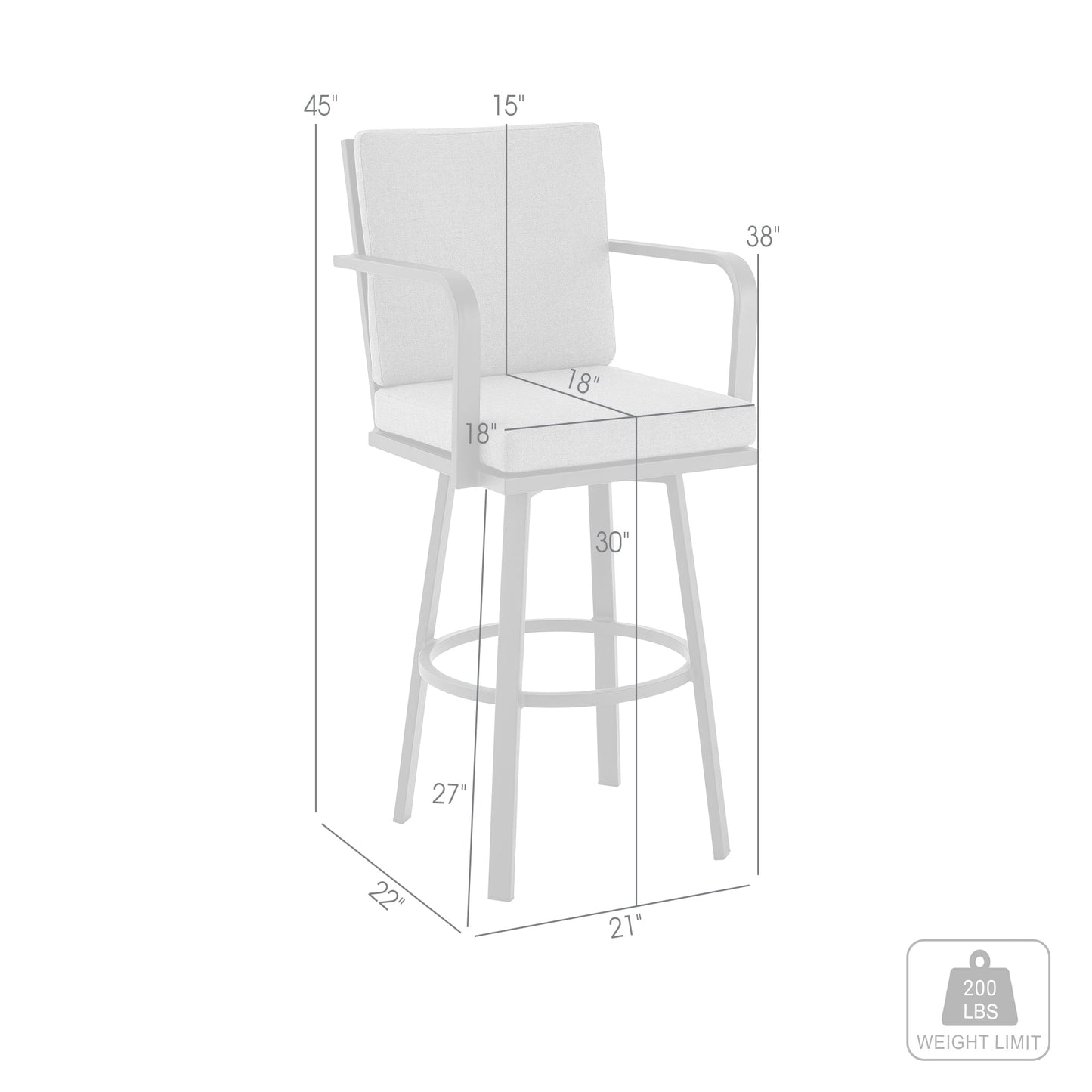 Don 30" Outdoor Patio Swivel Bar Stool in Black Aluminum with Gray Cushions