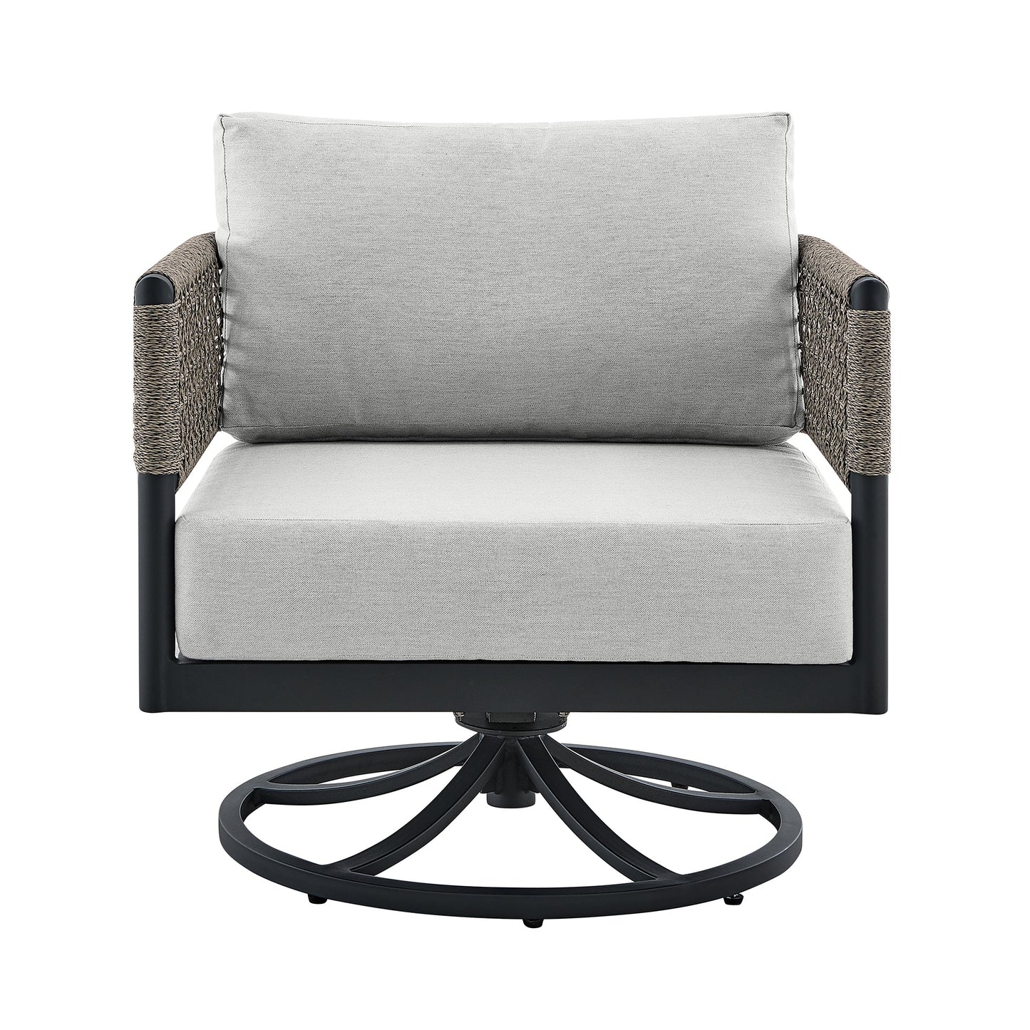 Felicia Outdoor Patio Swivel Rocking Chair in Black Aluminum and Gray Rope with Cushions