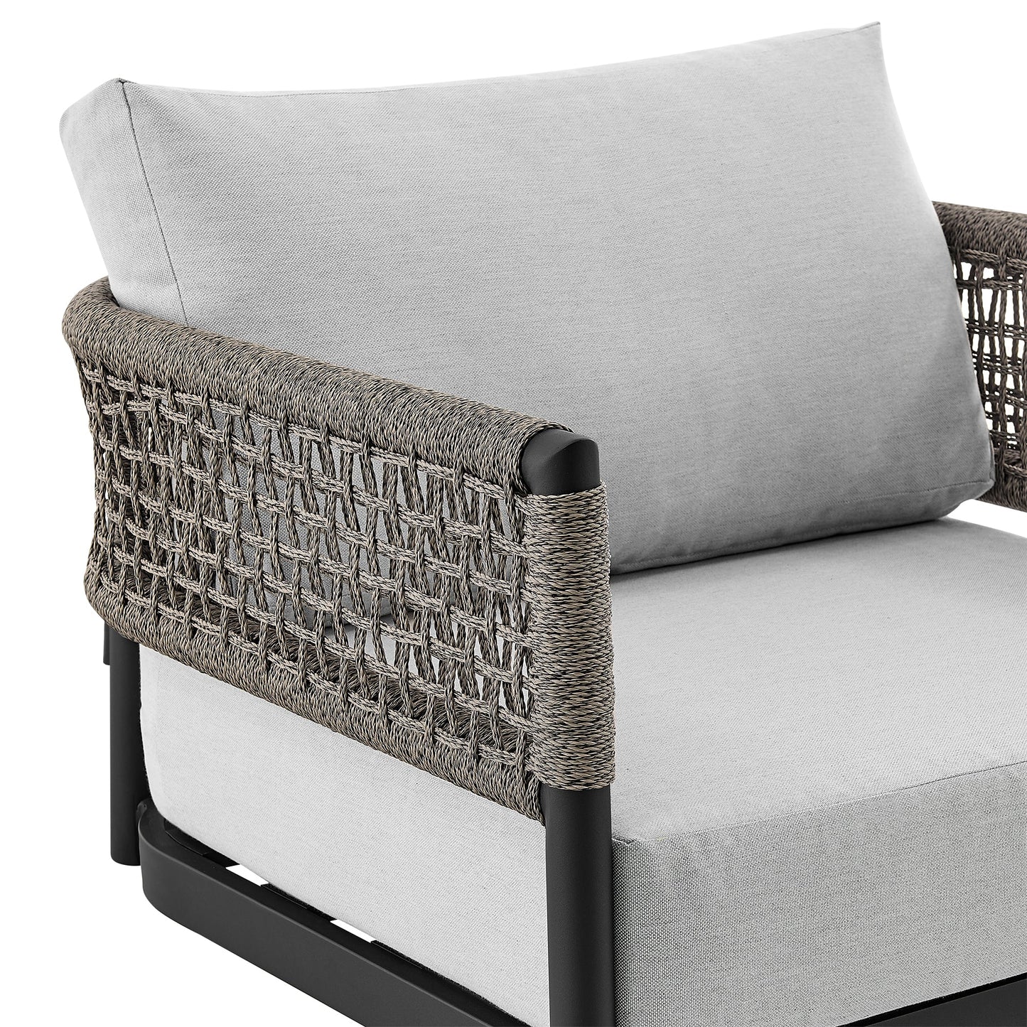 Felicia Outdoor Patio Swivel Rocking Chair in Black Aluminum and Gray Rope with Cushions