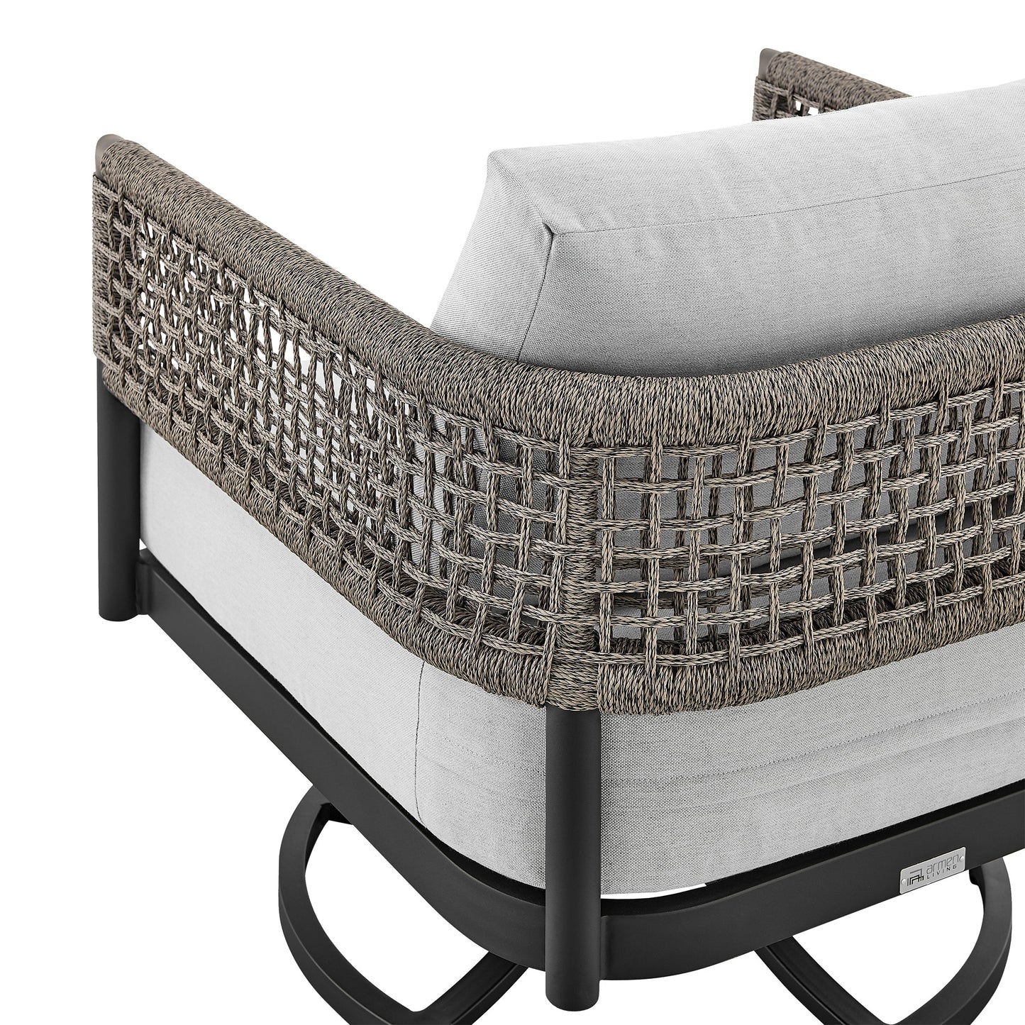 Felicia Outdoor Patio Swivel Rocking Chair in Black Aluminum and Gray Rope with Cushions