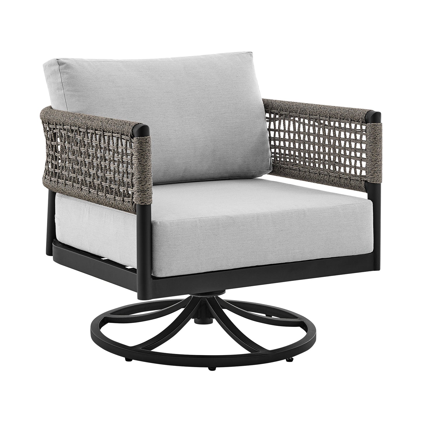 Felicia Outdoor Patio Swivel Rocking Chair in Black Aluminum and Gray Rope with Cushions