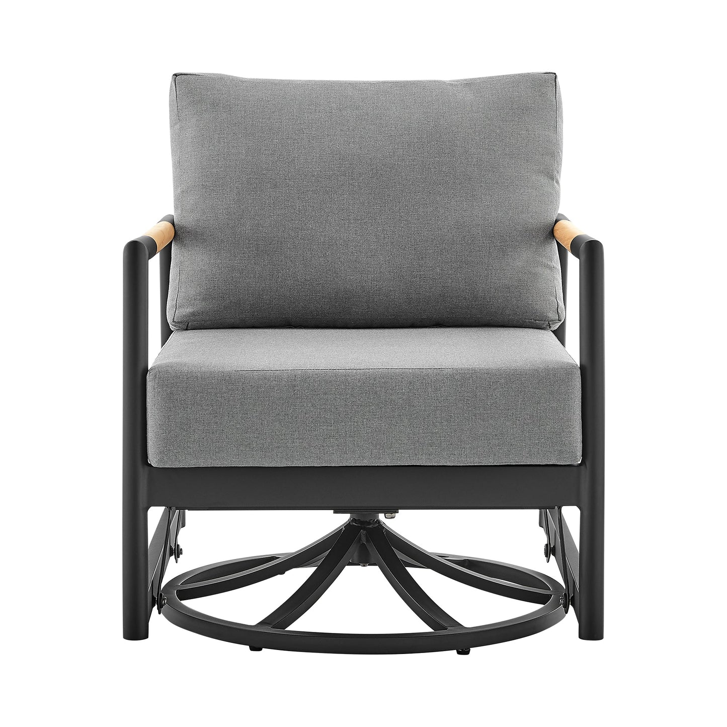 Royal Outdoor Patio Swivel Glider Lounge Chair in Black Aluminum and Teak Wood with Cushions