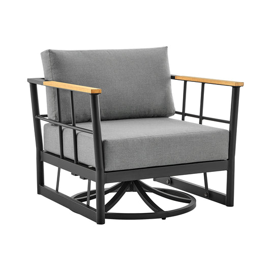 Shari Outdoor Patio Swivel Glider Lounge Chair in Black Aluminum and Teak Wood with Cushions