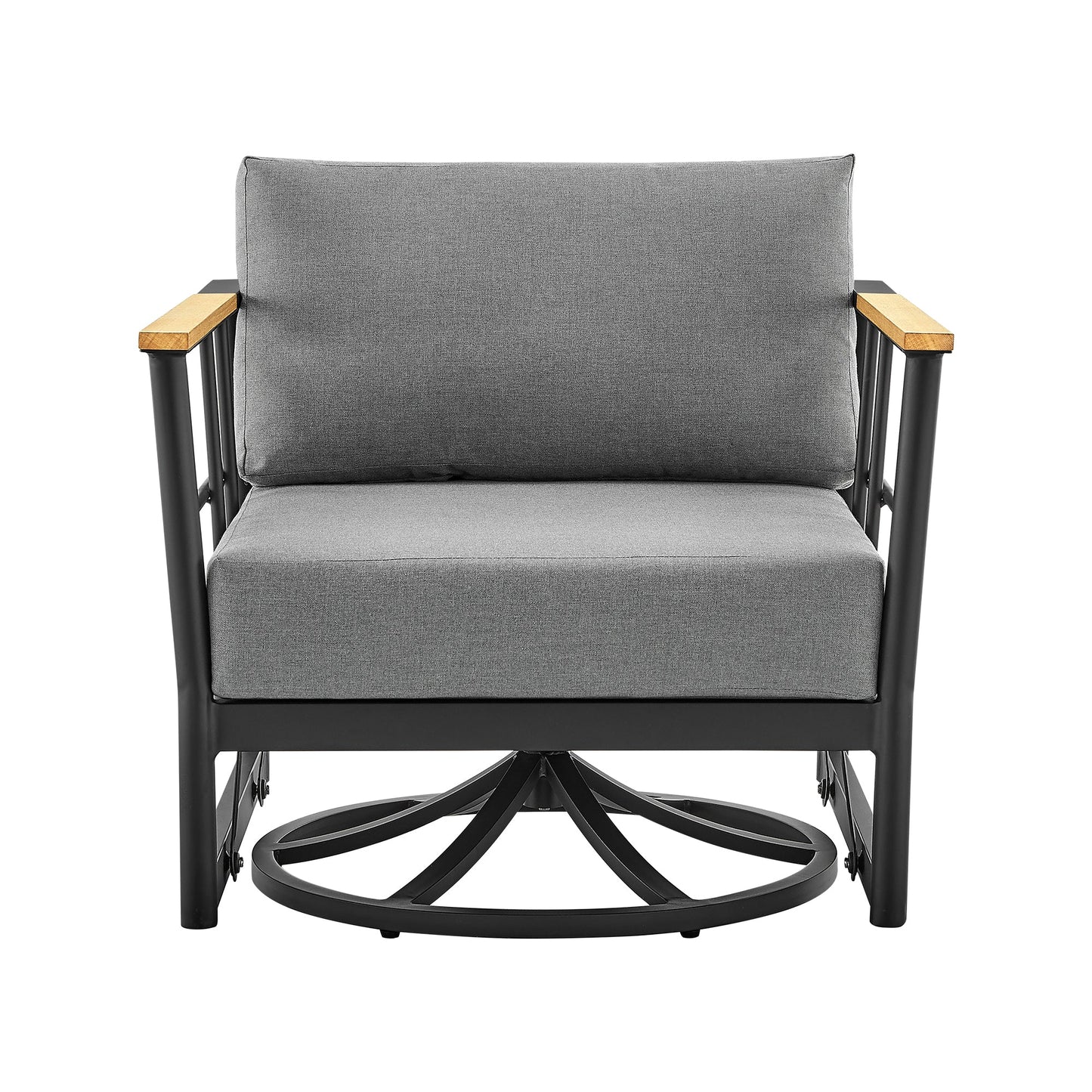 Shari Outdoor Patio Swivel Glider Lounge Chair in Black Aluminum and Teak Wood with Cushions