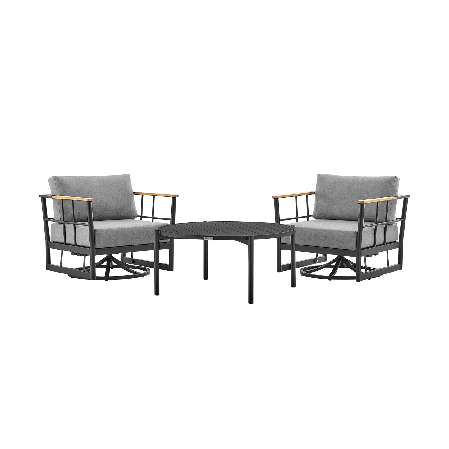 Shari and Tiffany 3 Piece Patio Outdoor Swivel Seating Set in Black Aluminum with Gray Cushions