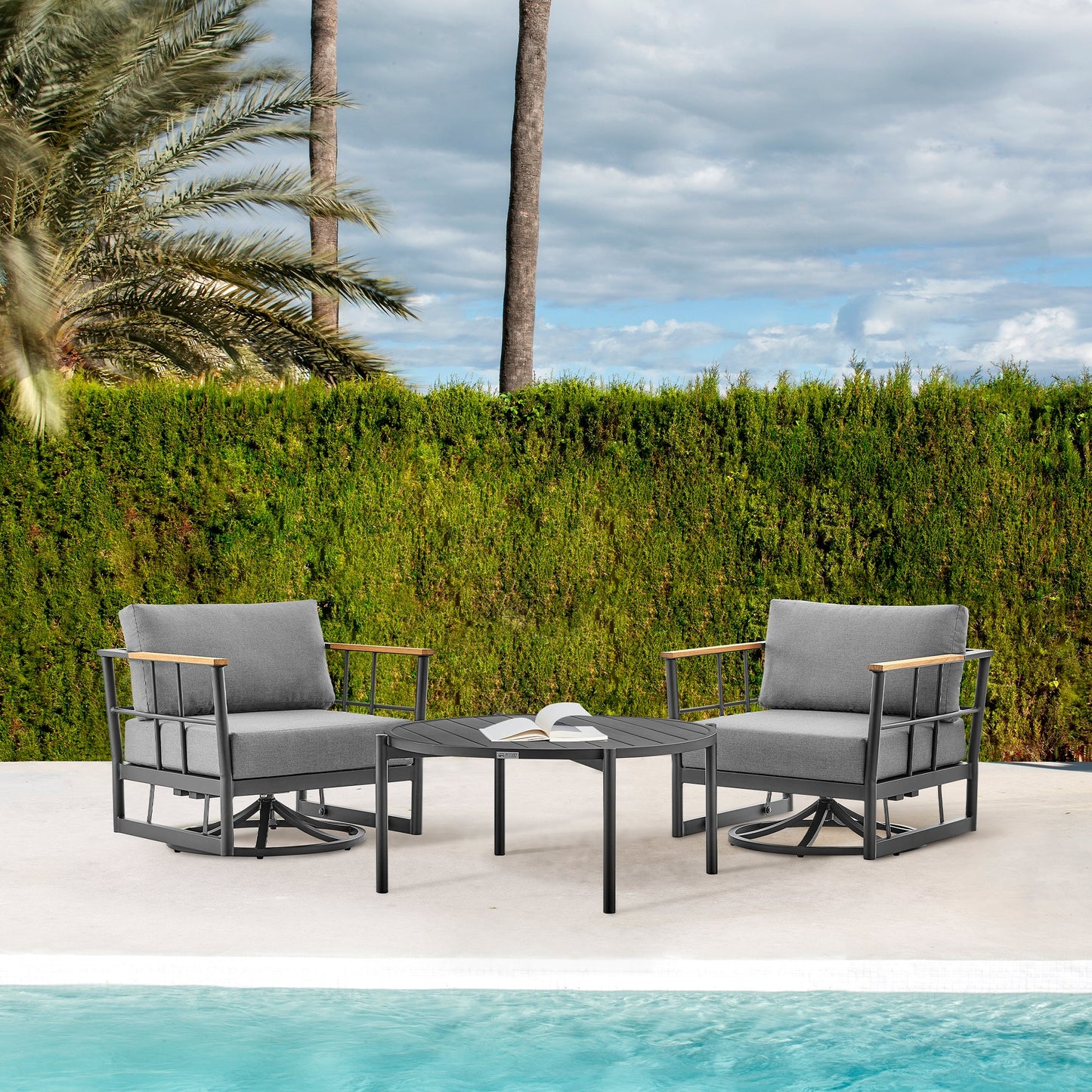 Shari and Tiffany 3 Piece Patio Outdoor Swivel Seating Set in Black Aluminum with Gray Cushions