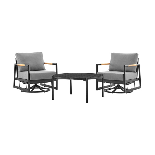 Royal and Tiffany 3 Piece Outdoor Patio Swivel Seating Set in Black Aluminum with Teak Wood and Gray Cushions