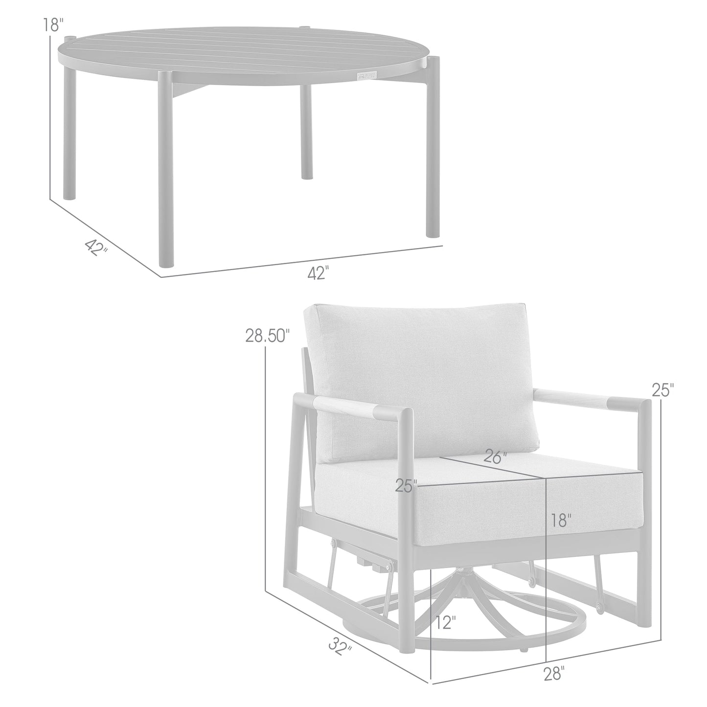 Royal and Tiffany 3 Piece Outdoor Patio Swivel Seating Set in Black Aluminum with Teak Wood and Gray Cushions