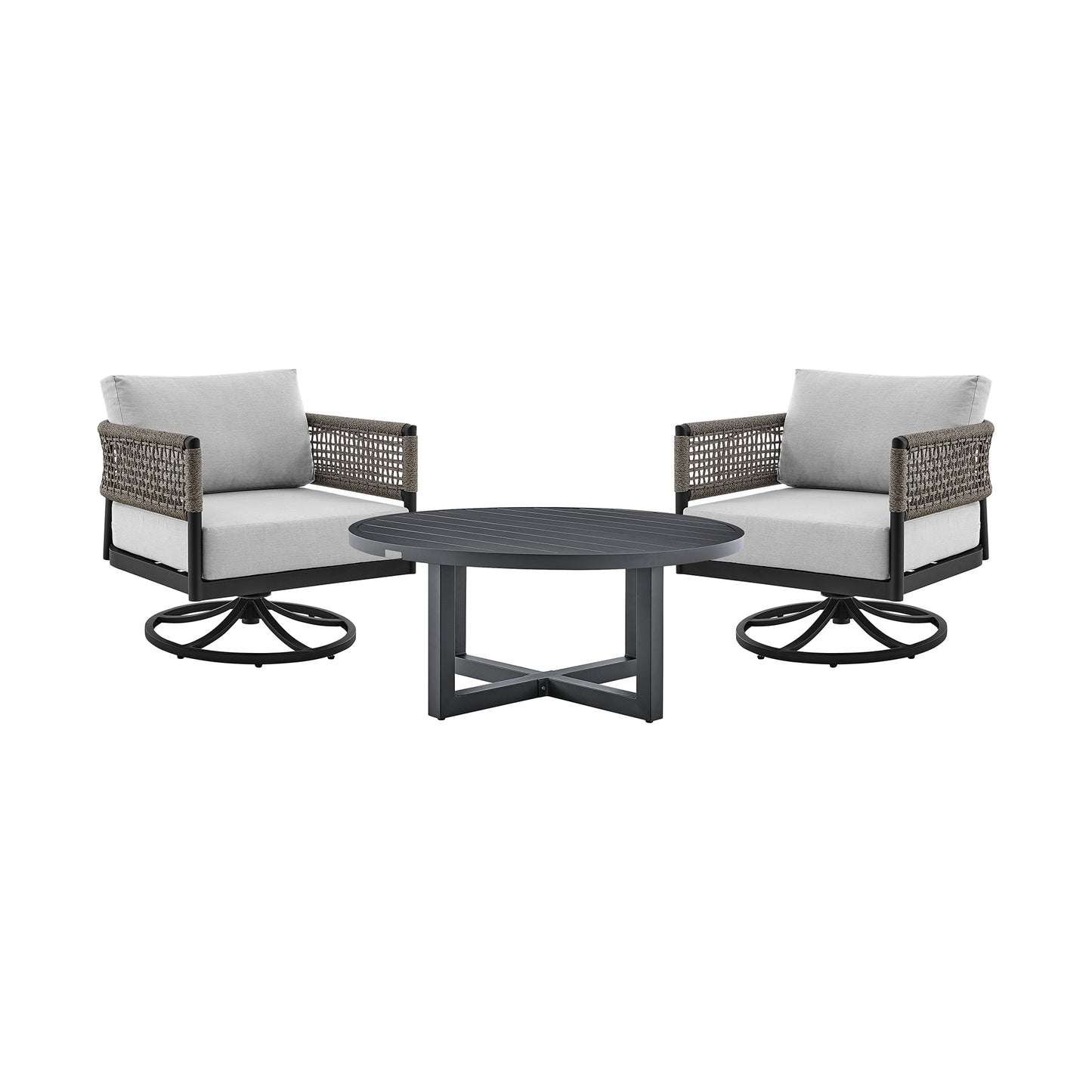 Felicia and Argiope 3 Piece Patio Outdoor Swivel Seating Set in Black Aluminum with Gray Rope and Cushions