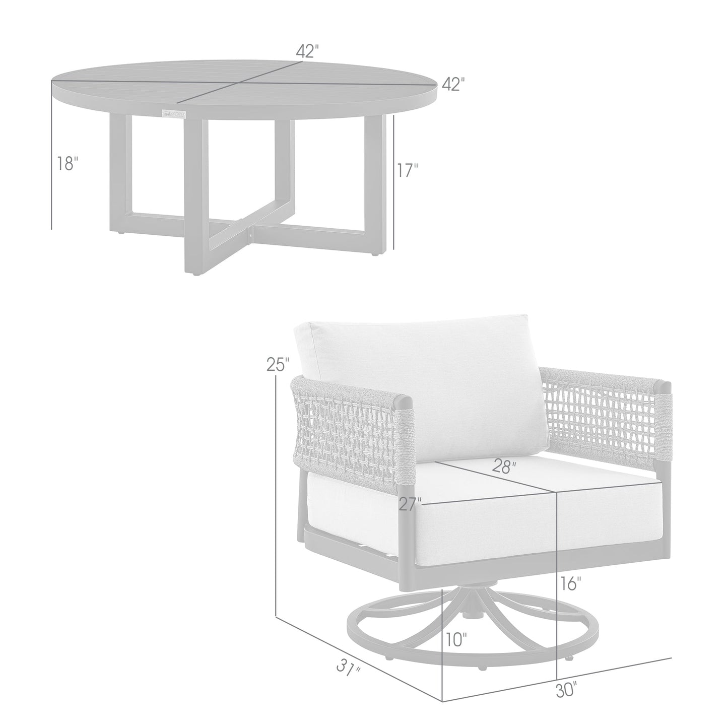 Felicia and Argiope 3 Piece Patio Outdoor Swivel Seating Set in Black Aluminum with Gray Rope and Cushions