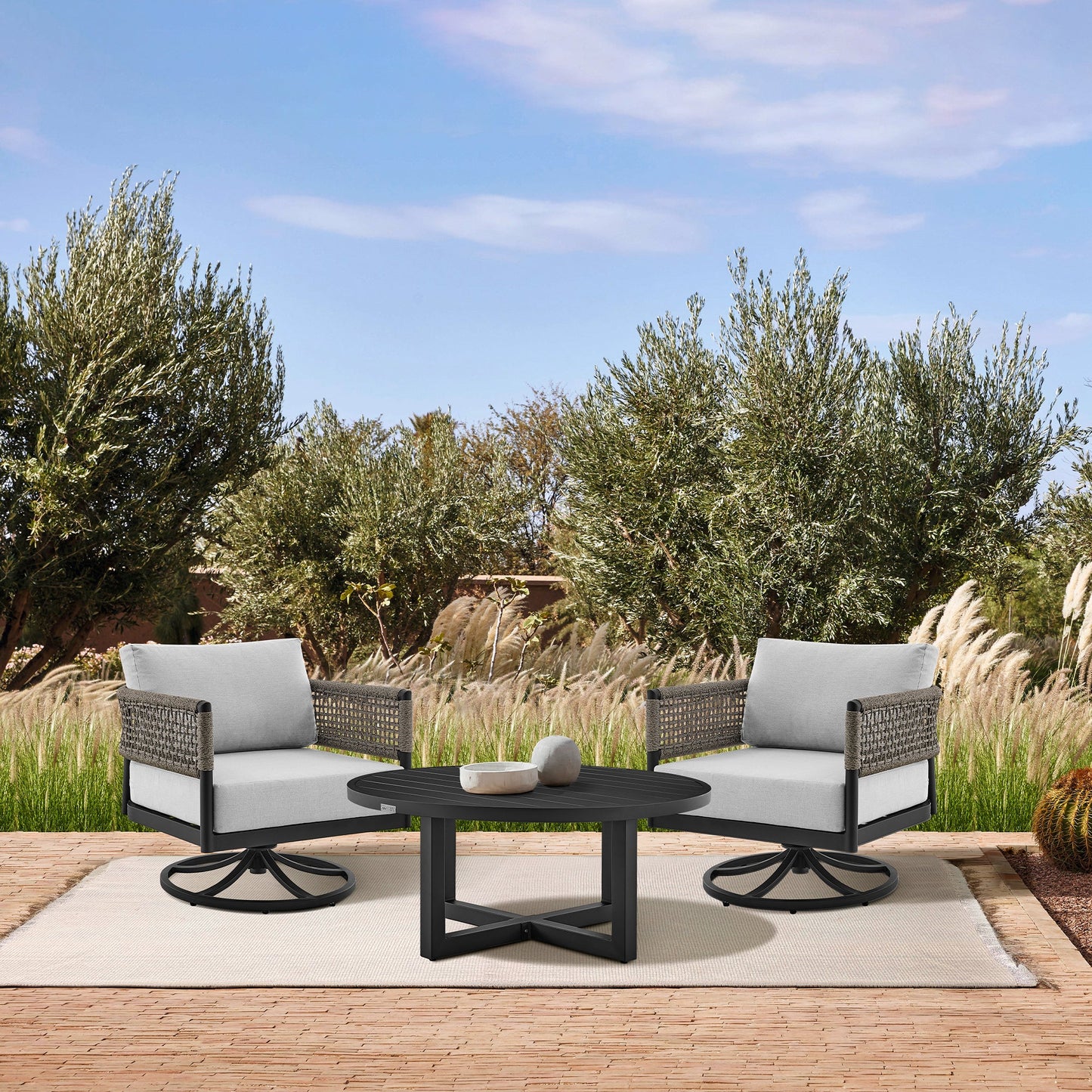 Felicia and Argiope 3 Piece Patio Outdoor Swivel Seating Set in Black Aluminum with Gray Rope and Cushions