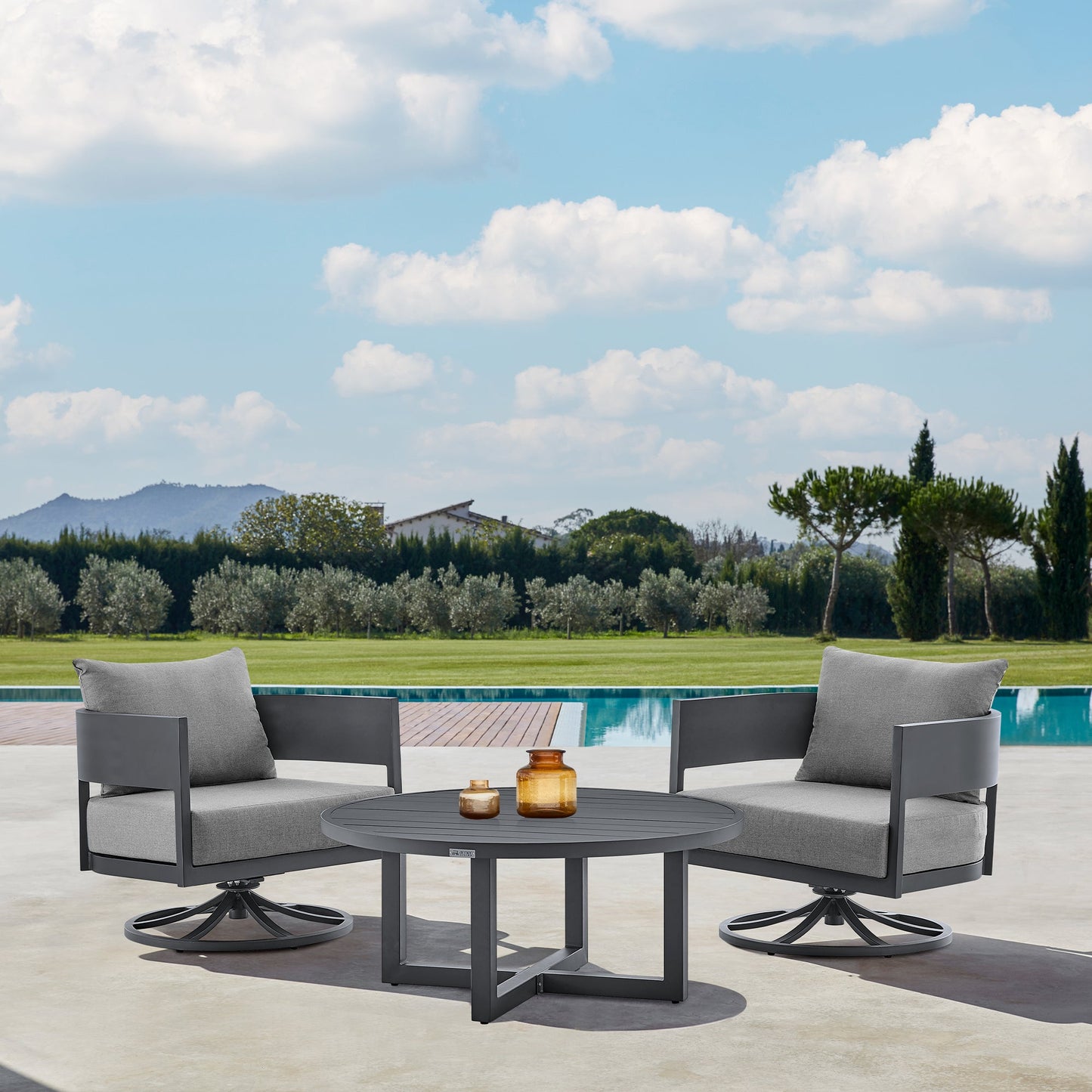 Argiope 3 Piece Patio Outdoor Swivel Seating Set in Dark Gray Aluminum with Gray Cushions