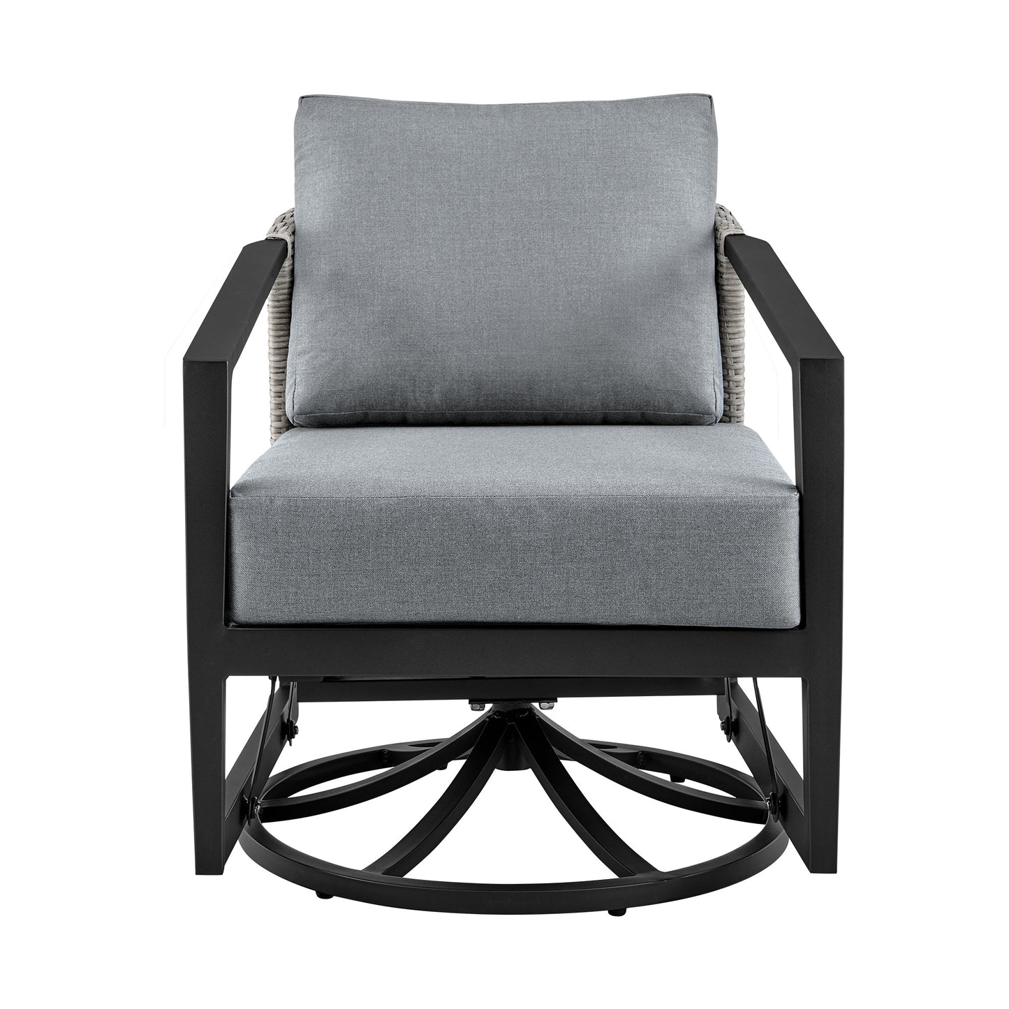 Aileen 3 Piece Patio Outdoor Swivel Seating Set in Black Aluminum with Gray Wicker and Cushions