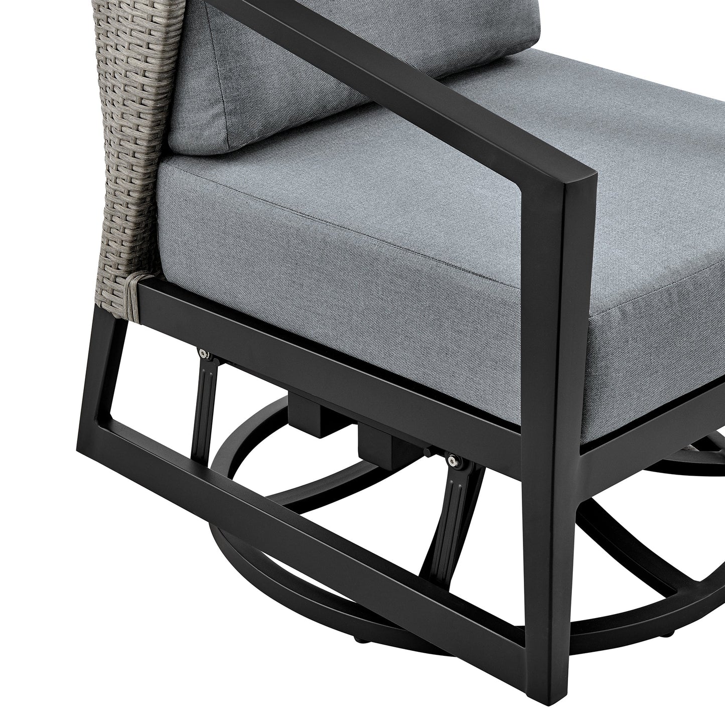 Aileen 3 Piece Patio Outdoor Swivel Seating Set in Black Aluminum with Gray Wicker and Cushions