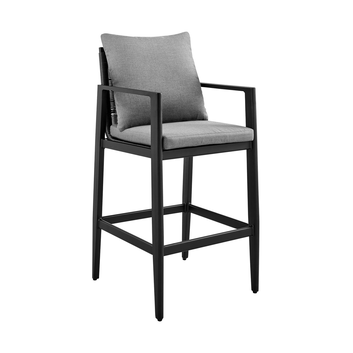 Grand Outdoor Patio Counter Height Bar Stool in Aluminum with Gray Cushions