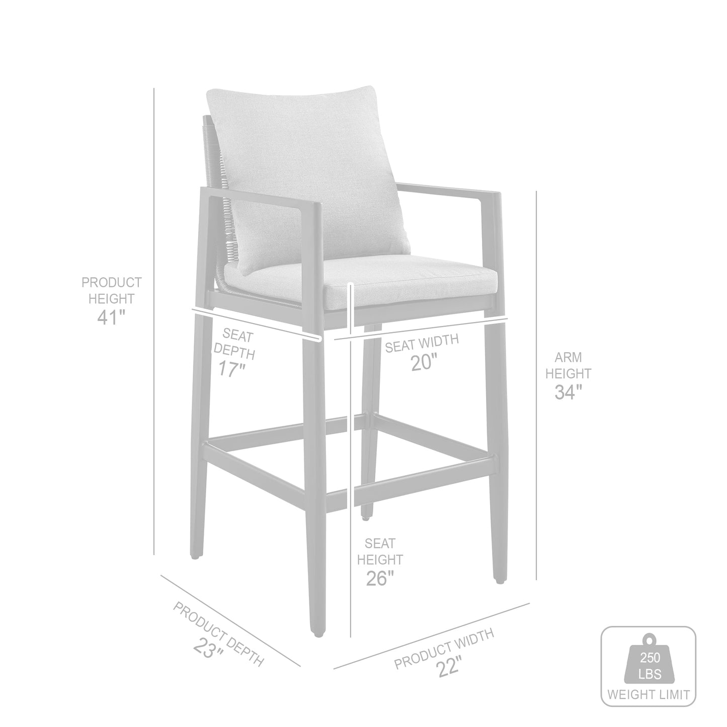 Grand Outdoor Patio Counter Height Bar Stool in Aluminum with Gray Cushions