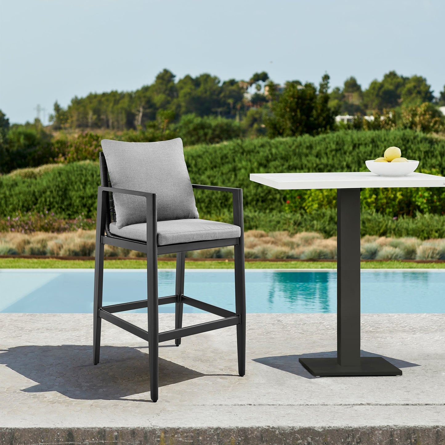 Grand Outdoor Patio Counter Height Bar Stool in Aluminum with Gray Cushions