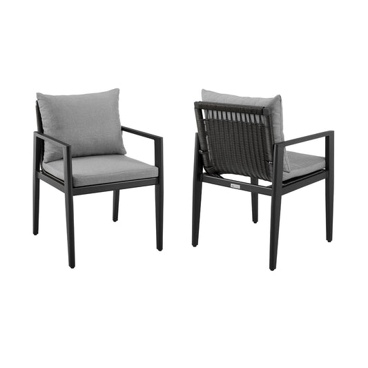 Grand Outdoor Patio Dining Chairs with Arms in Aluminum with Gray Cushions - Set of 2