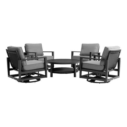 Grand 5 Piece Black Aluminum Outdoor Seating Set with Dark Gray Cushions